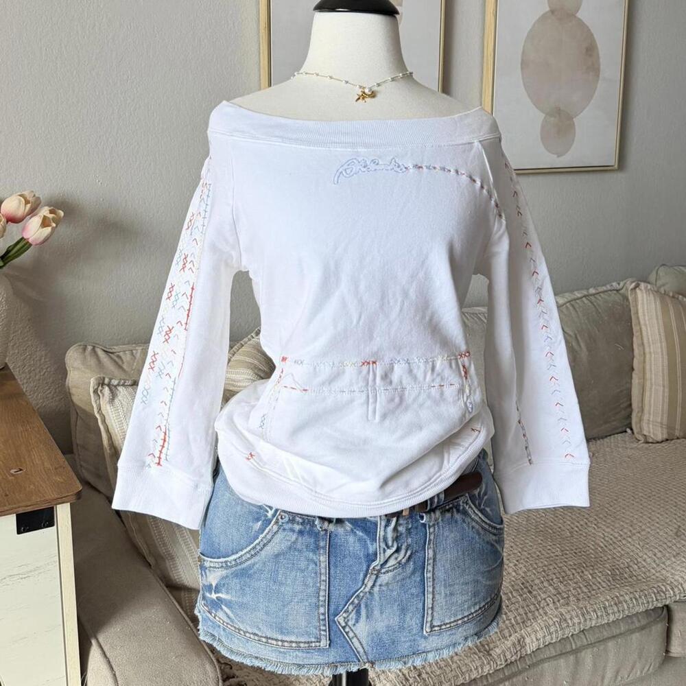 White Hand-Stitched Off-Shoulder Sweatshirt (Deadstock)